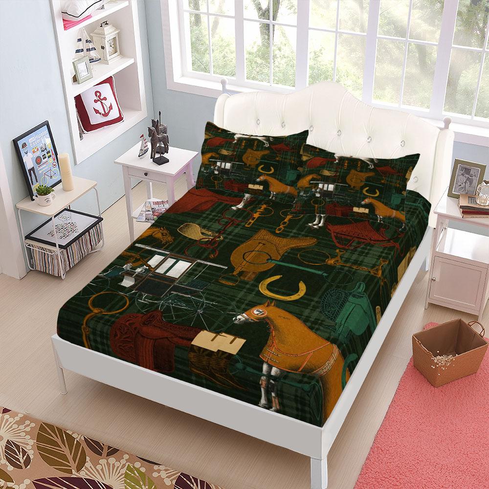 Countryside Horses Fitted Sheet Set King Queen Double Full Size Bed Linen Set