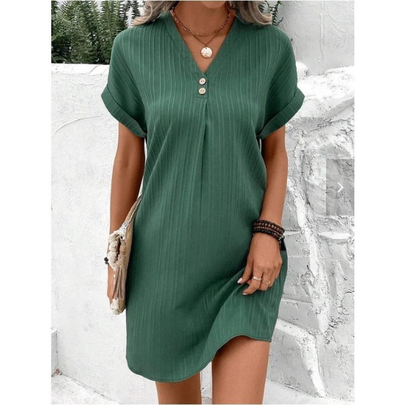 IHUASU Fashion Summer Spring Solid Color Print Short Sleeve V-Neck Casual Dresses Unique Design