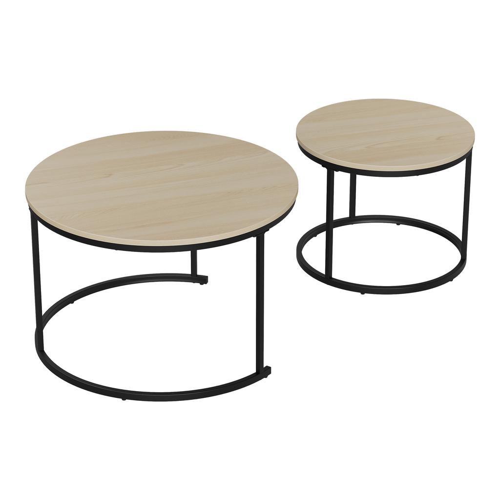 Two-Piece Nesting Coffee Table Set, Oak Veneer, Round with a Diameter of 70 cm, Metal Frame, Modern Style, Suitable for Living Room, Bedroom, Balcony.