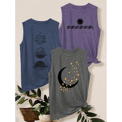 3Set of Tank Tops Sun, Moon, Stars, and Waves Print Loose Casual Vest T Shirt Retro-style Breathable, Comfortable, and Soft Fabric Spring and Summer