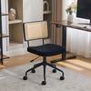 Vintage Rattan Office Chair with Wheels - Adjustable Swivel Desk Chair with Chenille Fabric Seat & Wooden Frame for Home Office, Living Room-Black