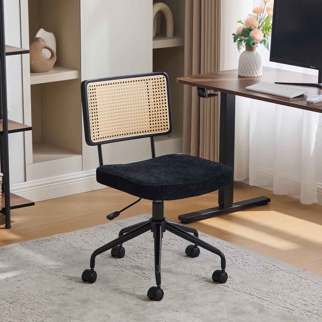 Vintage Rattan Office Chair with Wheels - Adjustable Swivel Desk Chair with Chenille Fabric Seat & Wooden Frame for Home Office, Living Room-Black