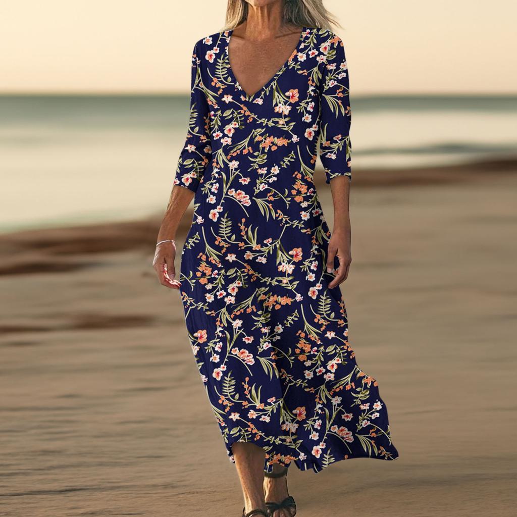 Dresses For Womens Vintage Print Tunic Waisted Midi Dress Summer Casual  3/4 Sleeve Dress