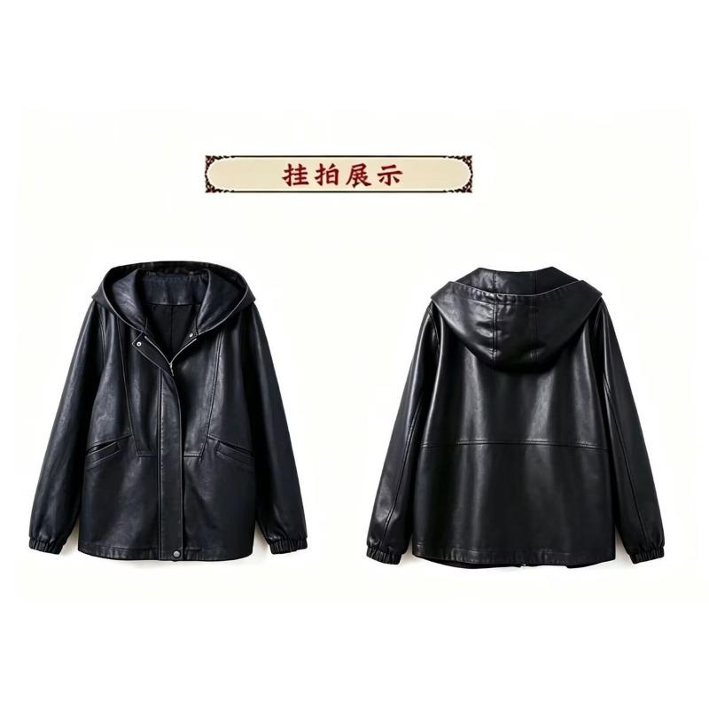 Women's Black Hooded Faux Leather Jacket Loose Fit Long Sleeve Casual Short Outerwear