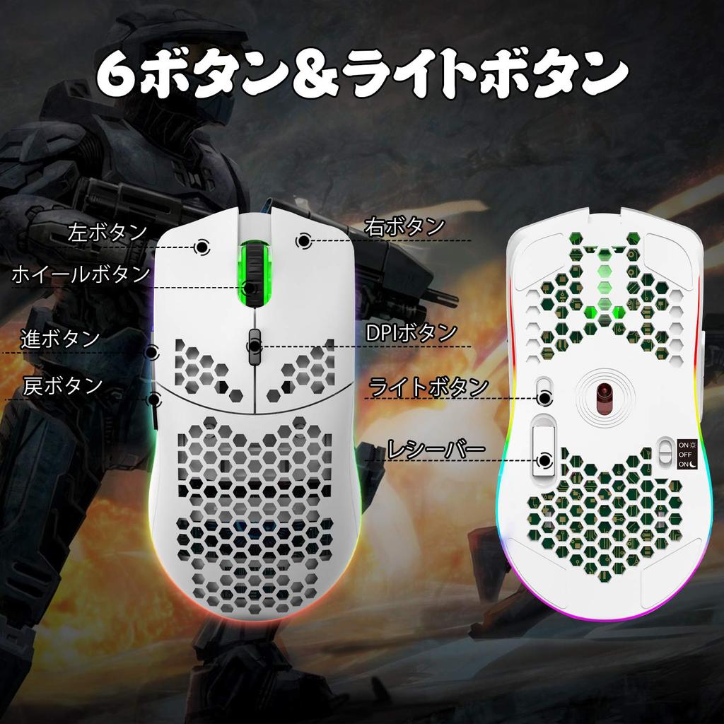 Wireless Gaming Mouse, Lightweight, Honeycomb Design, Optical, RGB Backlight, 6 Buttons, 4-Level DPI Adjustment, Rechargeable 750mAh 2.4GHz Battery,