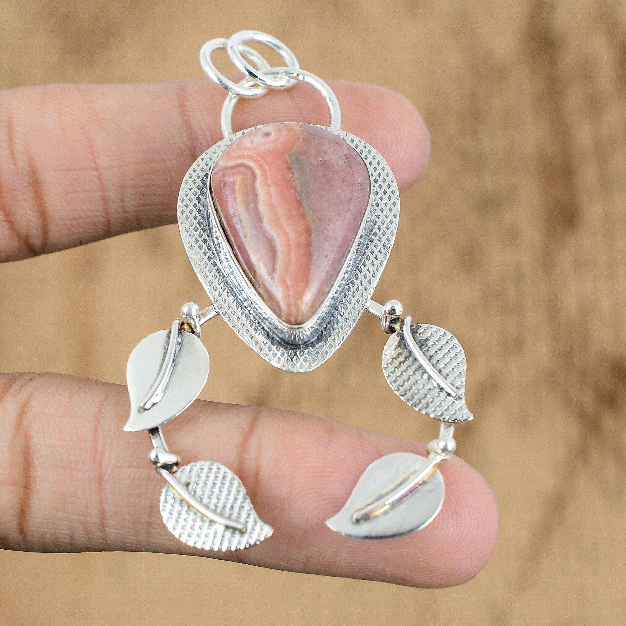 

Natural Rhodochrosite Gemstone Pendant Pink 925 Sterling Silver Indian Jewelry