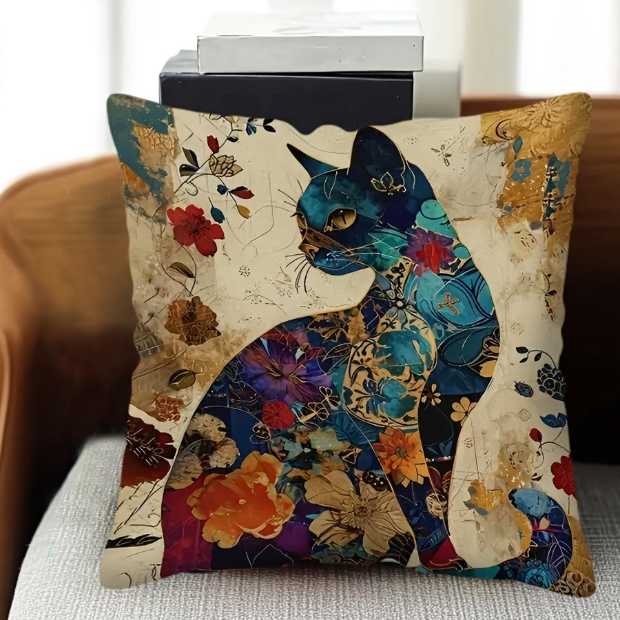 Exotic Cat Print Pillow Cover Zipper Closure Removable Fine One-Side Design Vibrant Blue & Golden Floral Pattern Bedroom, Sofa, Car Pillowcase