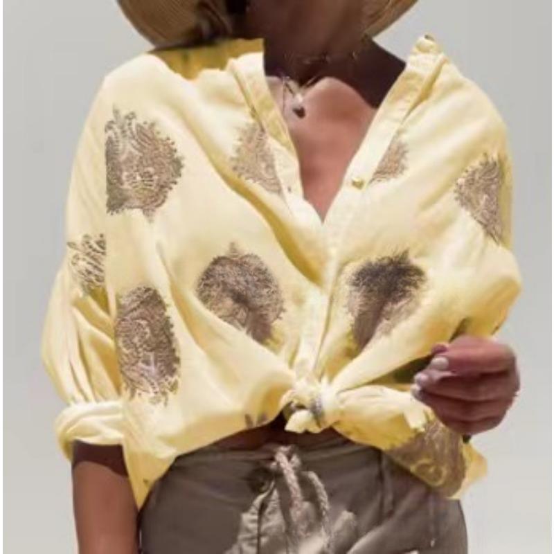 Summer New Graphic Printing Long-sleeved Lapel Button Ladies Shirt