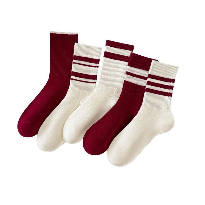 Women's Ankela Red Striped Mid-calf Socks Trendy Combed Cotton Long Calf Socks