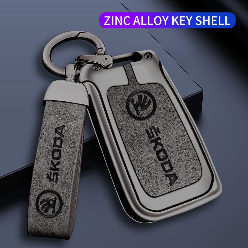 JKFB8 Zinc Alloy Leather Car Flip Remote Key Case Cover Holder Shell for Skoda Octavia Kodiaq Karoq Protector Car Keychain Accessories