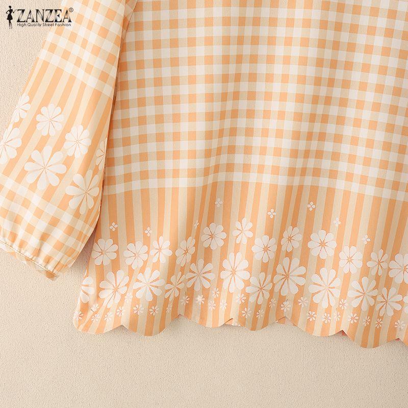 ZANZEA Women Casual Round Neck 3/4 Sleeve Loose Plaid Print Blouse