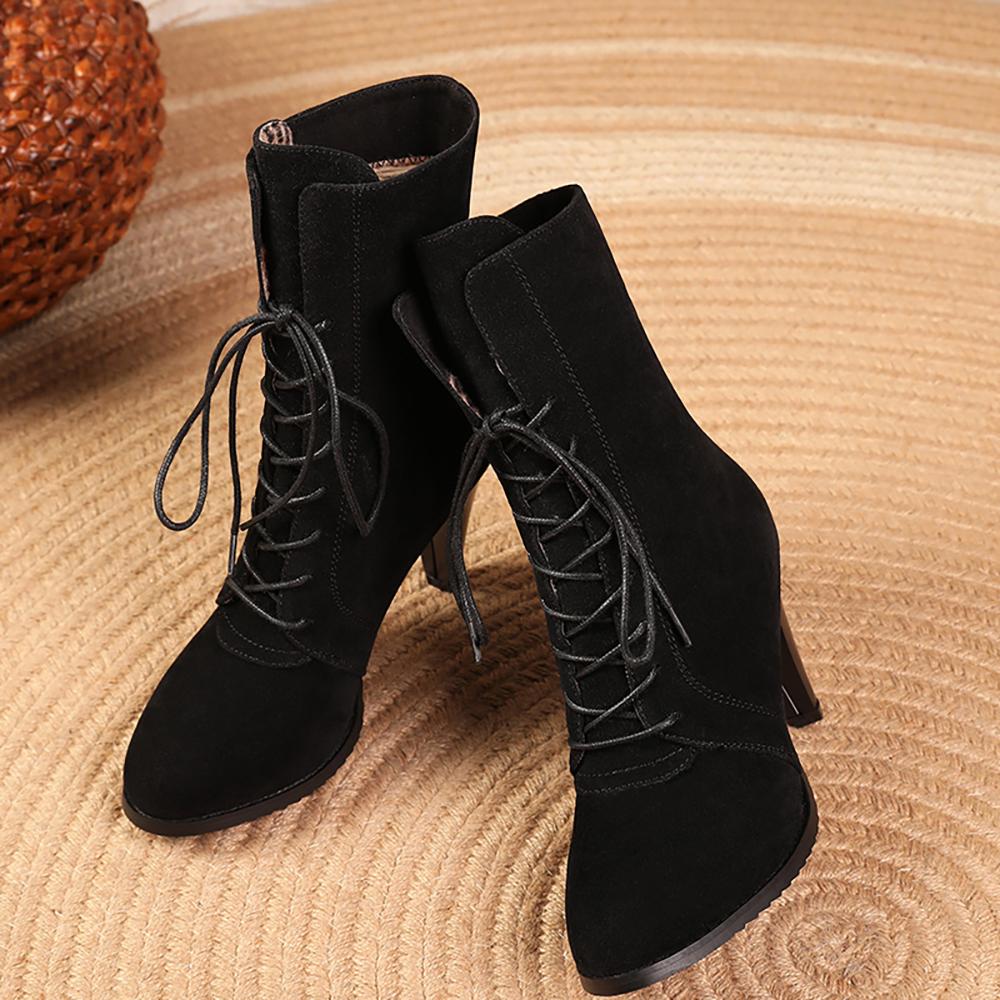 Black Brown Women Mid Calf Boots Pointed Toe High Heel Big Size 45