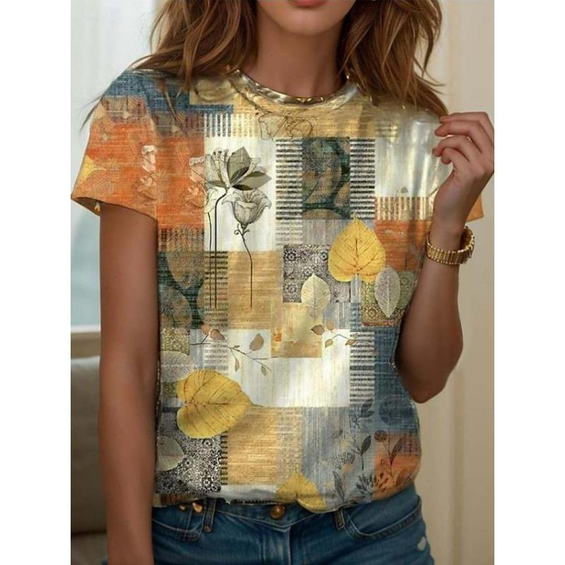 

Летняя Мода Повседневная Универсальная Ретро Принтованная Женская Футболка с Круглым Вырезом и Коротким Рукавом 4XL