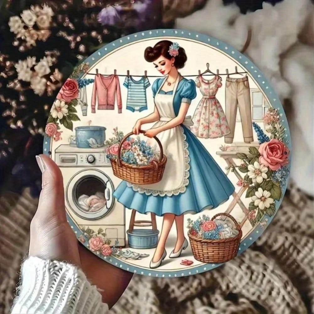 Chic Laundry Girl Metal Wall Art Round Painting Holiday Home Decoration