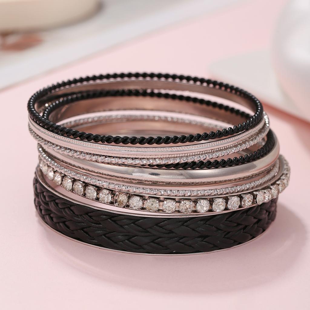 European and American Internet celebrity style retro bracelet set Bohemian style multi-layer simple diamond-encrusted leather bracelet combination set