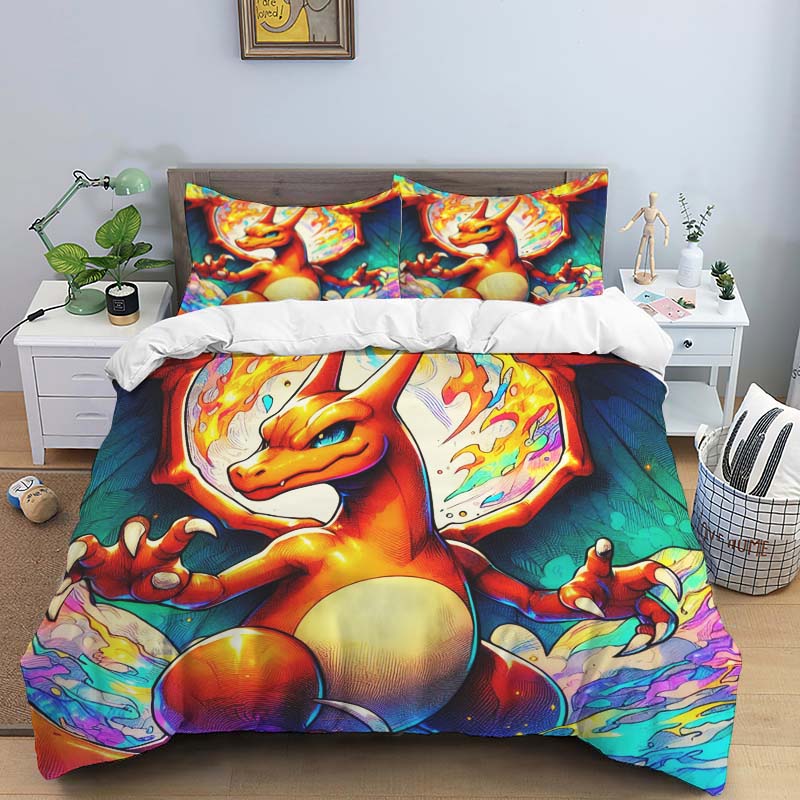 Cute Cartoon Charizard-Themed Bedding Set, featuring a soft duvet cover and pillowcases—perfect for teenagers, children, and mor