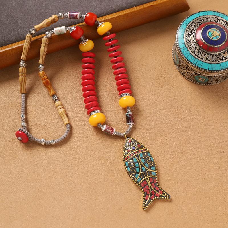 Vintage Tibetanskt Nepalesiskt Halsband Handvävt Turkos Nisch Personlighet Exotisk Herr- och Dam- Xizang Accessoarer