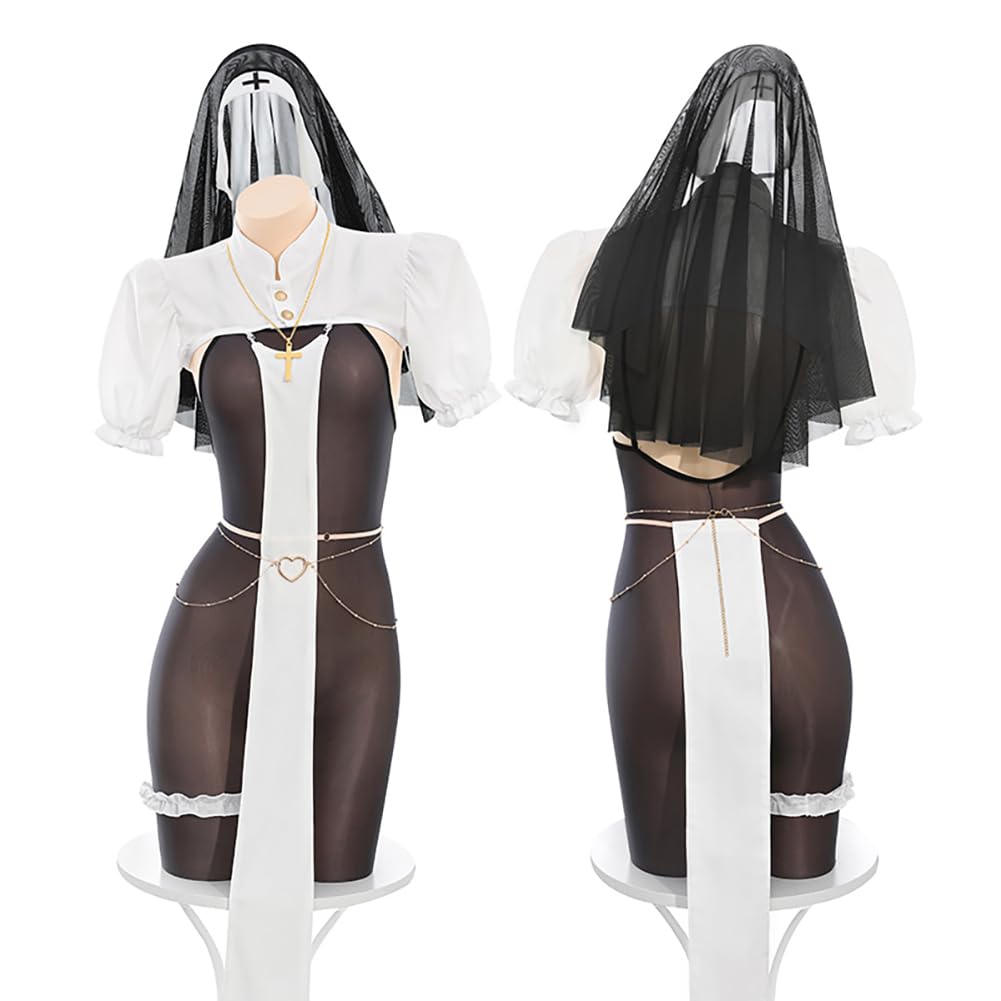 Sister Cosplay Sexy Nun Full Body Tights Cross Costume Lingerie Maid Saint Pastor Missionary Church Choir Cute Halloween One Size Black Ladies All