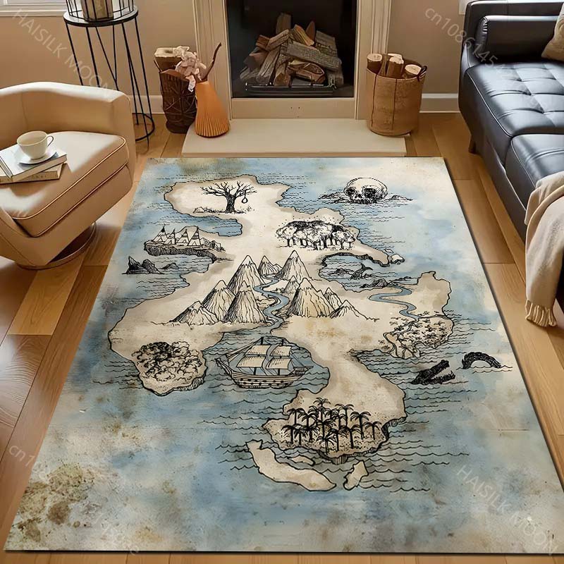Island Treasure Map Print Carpet for Bedroom Living Room Bedside Sofa Floor Mat Modern Home Decor Area Rug Large Size