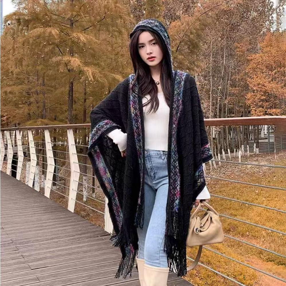 Yunnan Retro Tassel Shawl - Women's Autumn/Winter Cape Scarf for Travel & Vacation