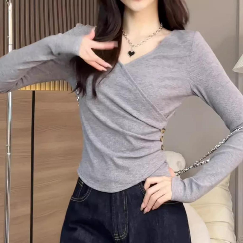 Women's Slimming V-neck Long Sleeve Top - 2024 Autumn/Winter Fashion