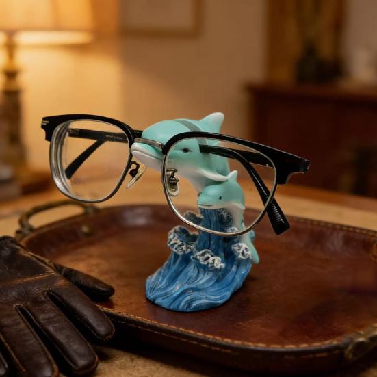 Dolphin Eyeglasses Holder, Coastal Style Glasses Stand with Blue Wave Design, Waterproof Resin Desktop Figurine Ornament for Study Desk Home Office &