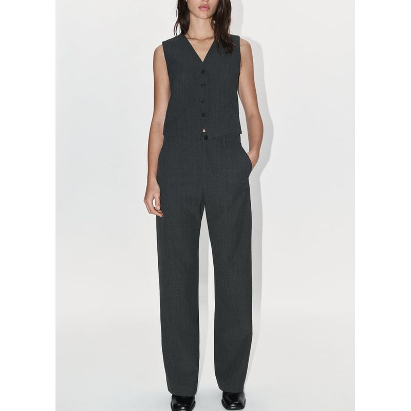 Spring New V-neck Sleeveless Vest Short Vest 9209807 High Waist Casual Straight Pants 9205807