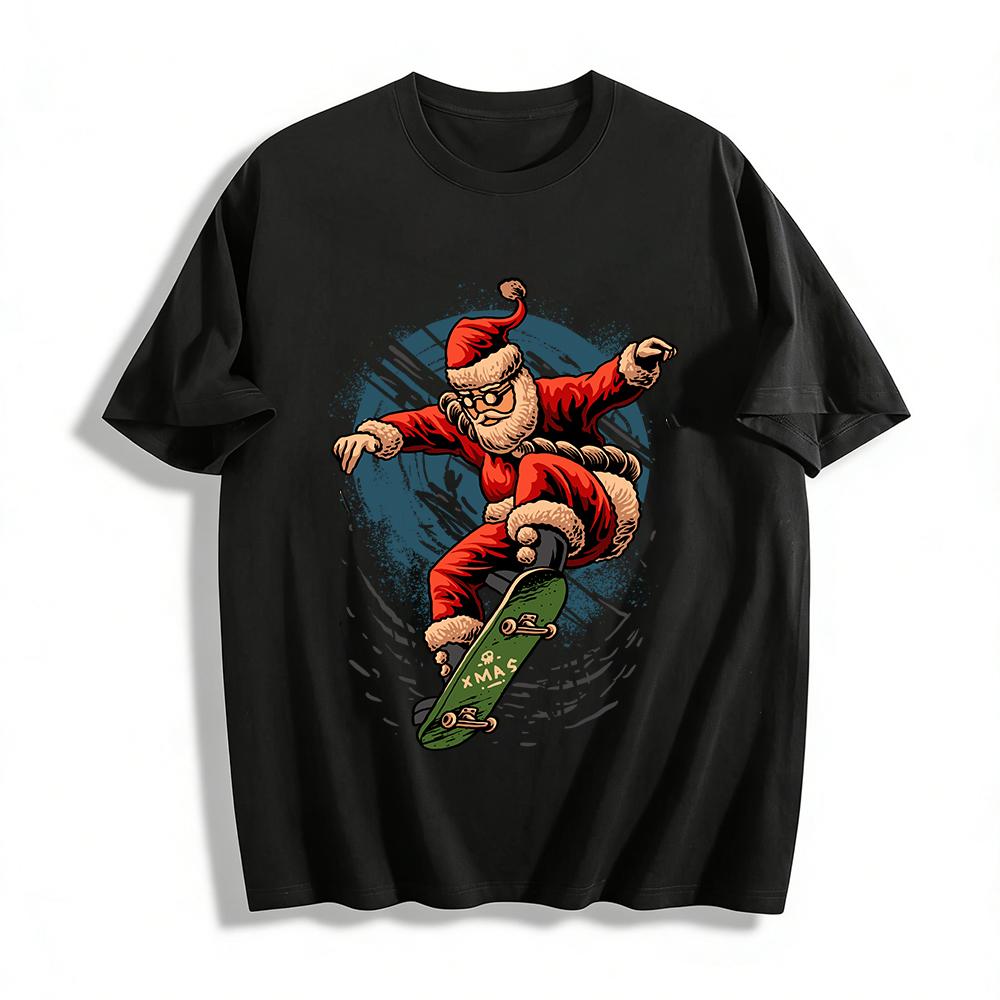 Cool Santa Claus Skateboard Print Casual Top Pure cotton T-shirt XXS