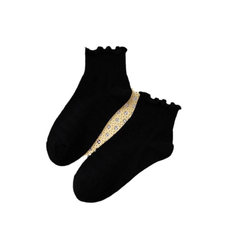 Chaussettes noires à bordure d'oreille, Chaussettes courtes pour femmes, Chaussettes d'été fines en coton, Chaussettes courtes en dentelle, Chaussettes polyvalentes unies pour le printemps et l'automne