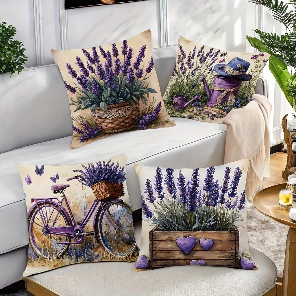 4pcs, Lavender And Bicycle Theme Pillow Covers, Purple Floral And Vintage Design, Modern Style, Zipper Closure Cushion Covers, Machine Washable, Suita