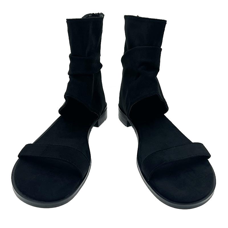 2025 Sommer neue Mode Falten Internet-Berühmtheit Fleeceleder Reißverschluss hinten coole Stiefel Koreanische Version Zehen offen dicker niedriger Absatz Römische Sandalen