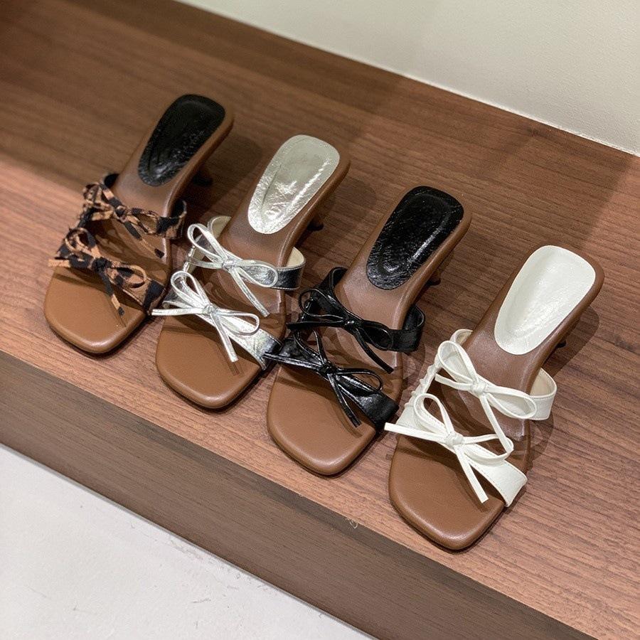 High-heeled slippers women's outer wear summer new French retro gentle bow with skirt sandals beautiful temperament sandals