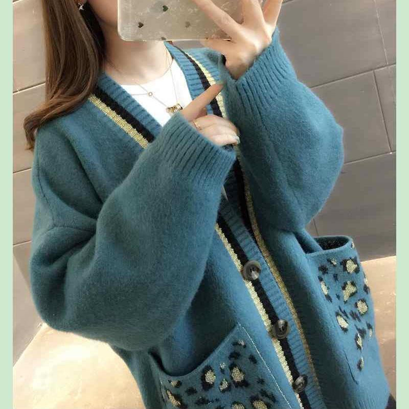 Spring and Autumn V-neck Knitted Cardigan Women Leopard Pocket Sweater Coat Versatile Student Mid Length Cardigan Sweater
