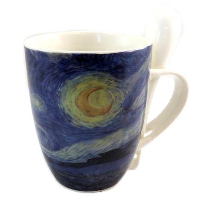 [Q7695] - Porselen kupa + kaşık 'Vincent Van Gogh' (Yıldızlı Gece) - 10. 5x8 cm