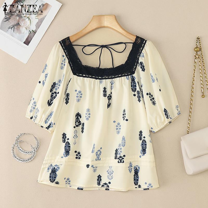 ZANZEA Women Summer Lace Splice Square Collar Short Sleeve Print Blouse