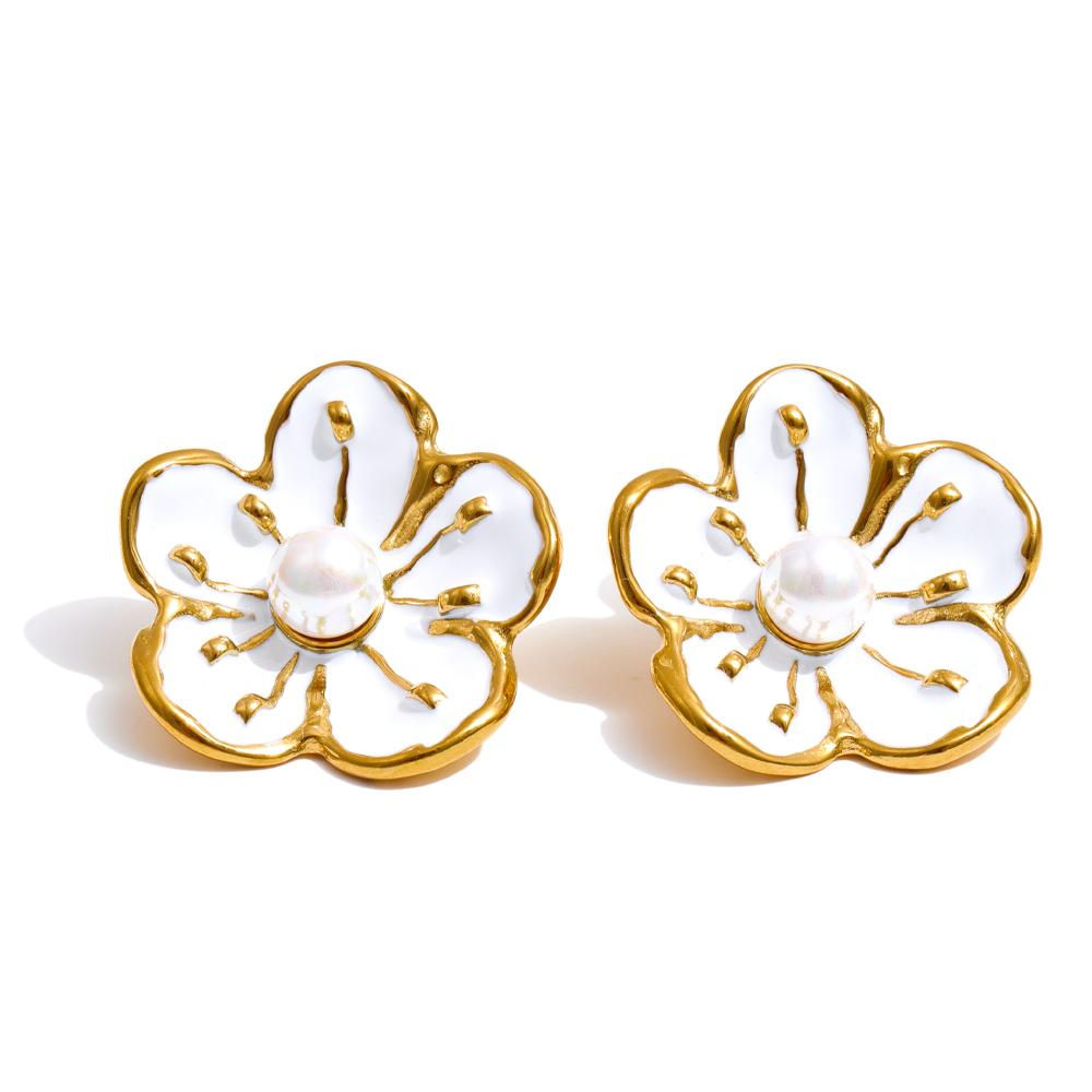 Eetit Popular Style White Enamel Pearl Korean Flower Earrings Ring Set Stainless Steel Daily Arrivals Jewelry Water Resistant