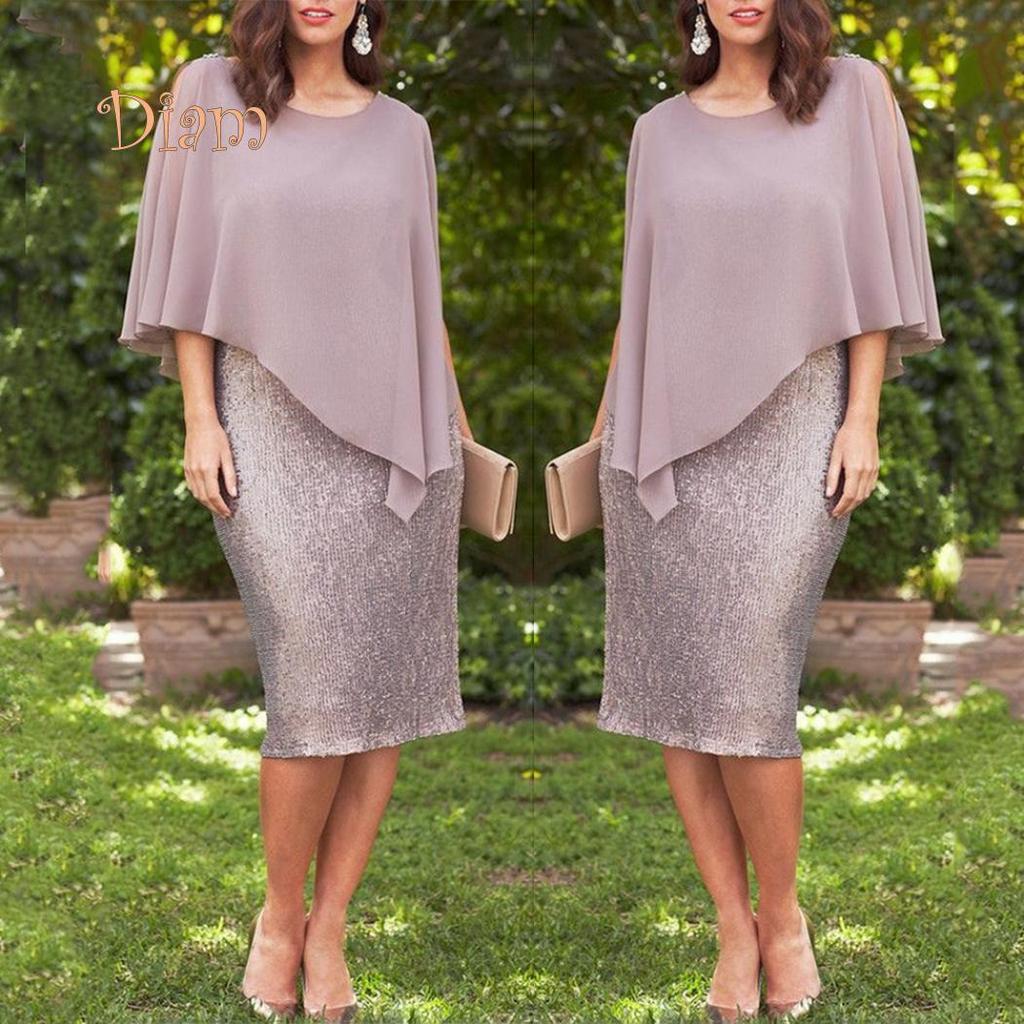 Margot St. Elegant Women Plus Size O-Neck Chiffon Patchwork Double Layer Midi Pencil Dress