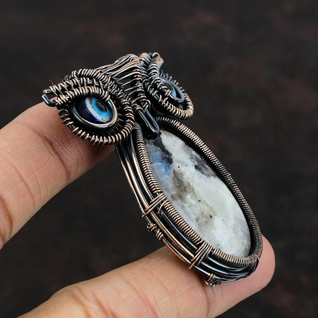 Regenbogenmondstein Anhänger Kupferdraht umwickelter Anhänger Handgefertigter Schmuck Blaue Farbe Böser Blick Anhänger Eulenanhänger Edelstein Kupferschmuck Geschenk