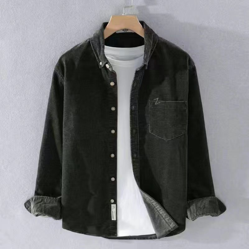 Men's Corduroy Long-sleeved Shirt Spring and Autumn Japanese Retro Stand-up Collar Loose Casual Shirt Jacket