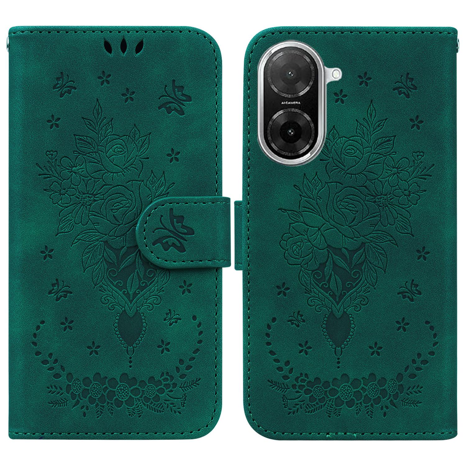 

For Xiaomi Redmi A5 4G (171.7mm)/Poco C71 4G Case Butterfly Flower Imprint PU Leather Wallet Phone Cover with Strap Green