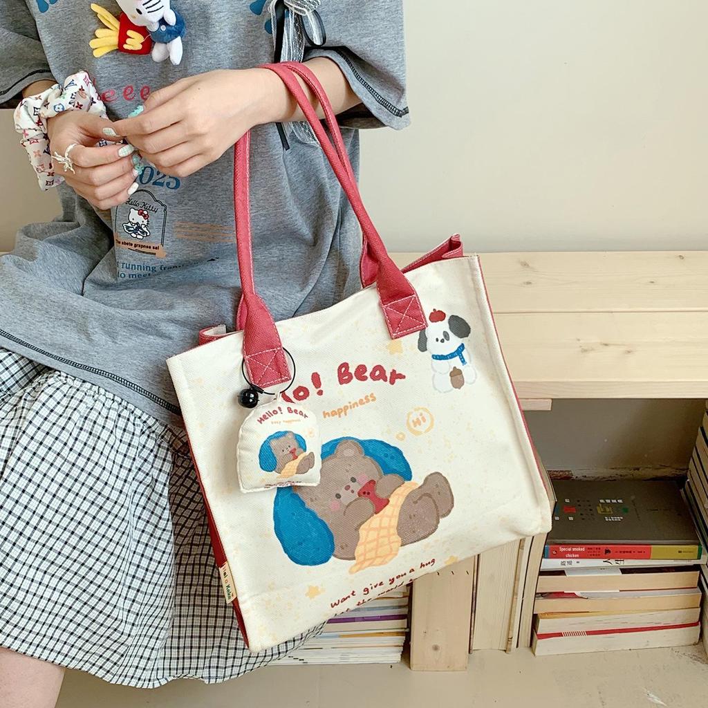Niche Design Cute Cartoon Canvas Tote Bag, Large Capacity Shoulder Bag for Women, Autumn/Winter Korean Lazy Style