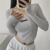 Crop top da donna con scollo quadrato, design a lisca di pesce, strisce piccanti, maniche lunghe