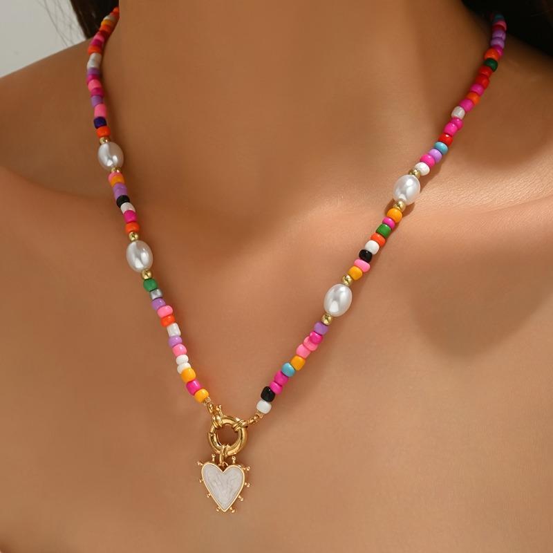 1pc Bohemian Color Bead Chain Fashion Necklace with White Heart-shaped Pendant Jewelry for Women Valentine's Day AccessoriesGood Product