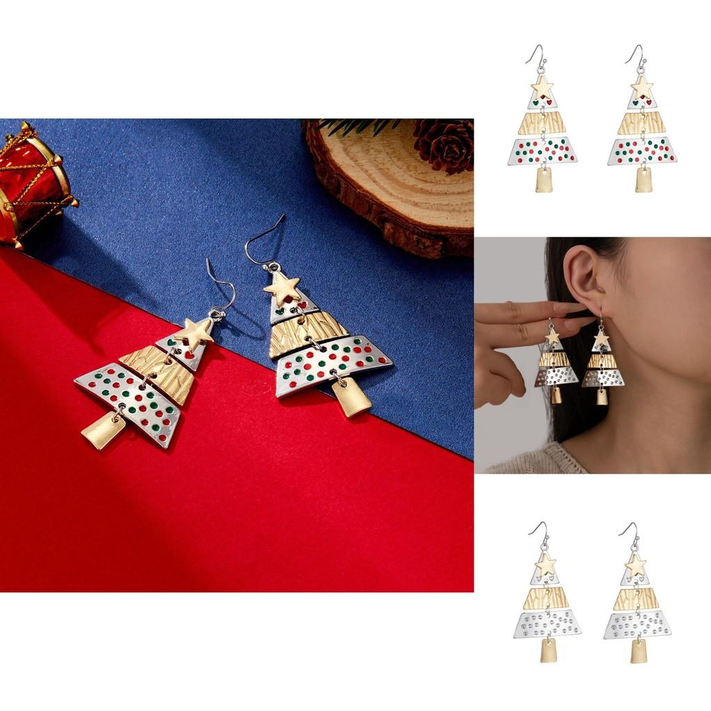 Trendy Long Alloy Christmas Tree Earrings Featuring Vibrant Geometric Star Shapes Celebrations For