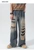 MMTYRM Men's Wide-Leg Denim Pants, Loose Fit, Stretch Goose-Eye Denim Pants, Stylish Jeans with Distressed Finish, Available in Plus Sizes, Blue, XL