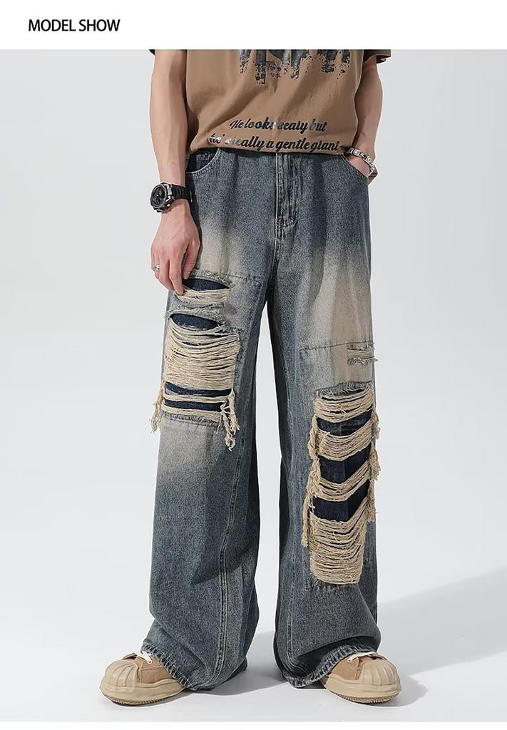 MMTYRM Men's Wide-Leg Denim Pants, Loose Fit, Stretch Goose-Eye Denim Pants, Stylish Jeans with Distressed Finish, Available in Plus Sizes, Blue, XL