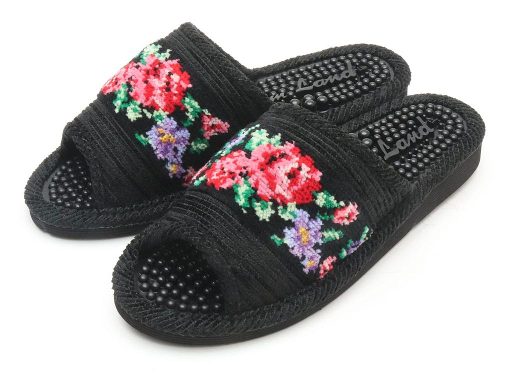 Made in Japan Chenille Healthy Slippers Healthy Foot Room Rose [Healthy Sandals, Slippers, Reflexology, Shoes, Pattern] (Black)
