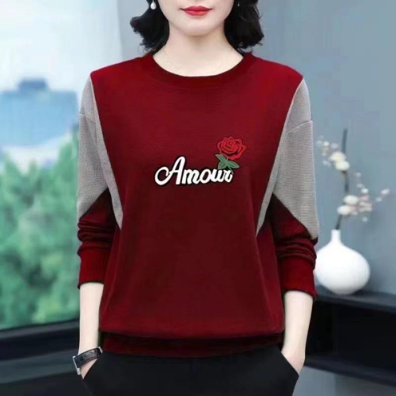 Autumn Winter Women's Cotton Patchwork Round Neck Plus Size Long Sleeve Printed Sweatshirt for Middle-Aged Moms