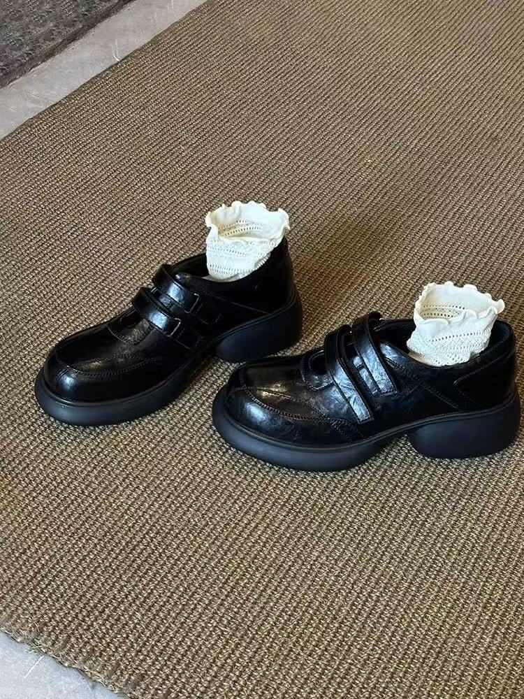 

Sheepskin version~ British style leather Velcro niche loafers women s platform small fashion new small leather shoes 35