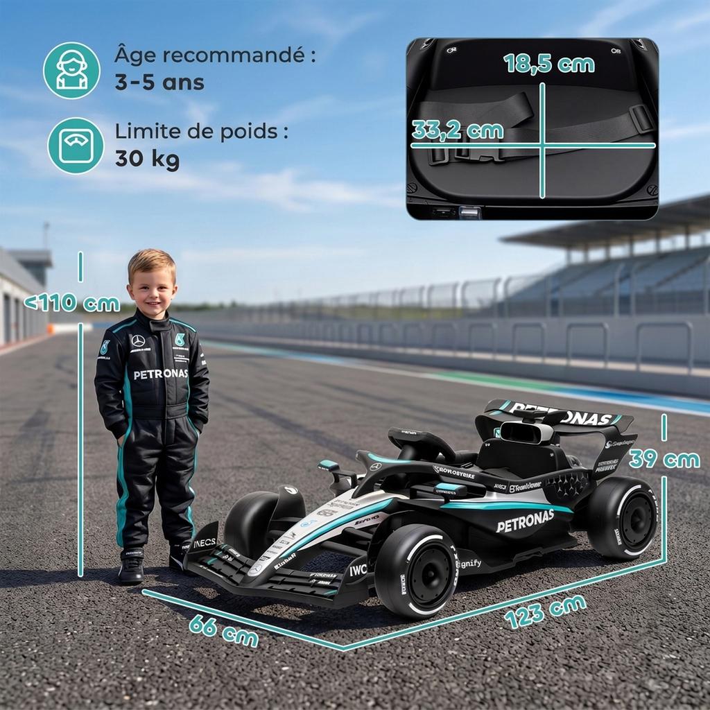 Electric Go-Kart for Kids, 12V, Mercedes-AMG PETRONAS F1, 2 Motors, Remote Control, 3 Speeds, Black